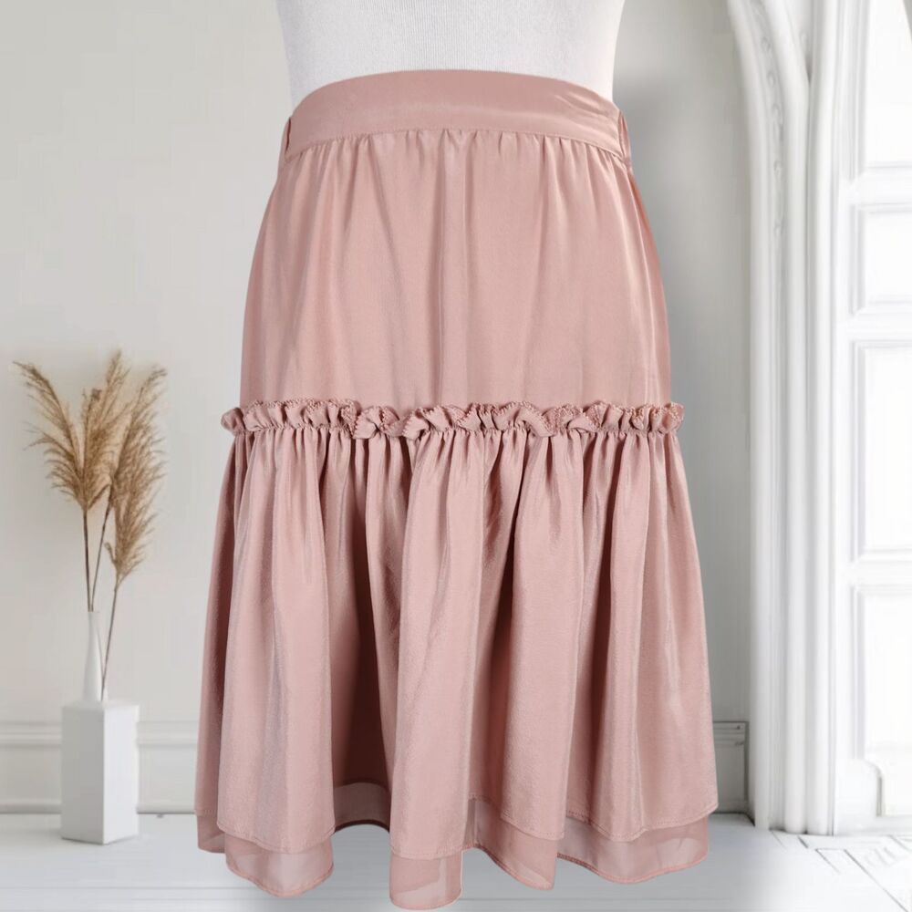 All Saints Alia Short Peasant Mini Skirt Size L Light Pink Silk Elastic Waist